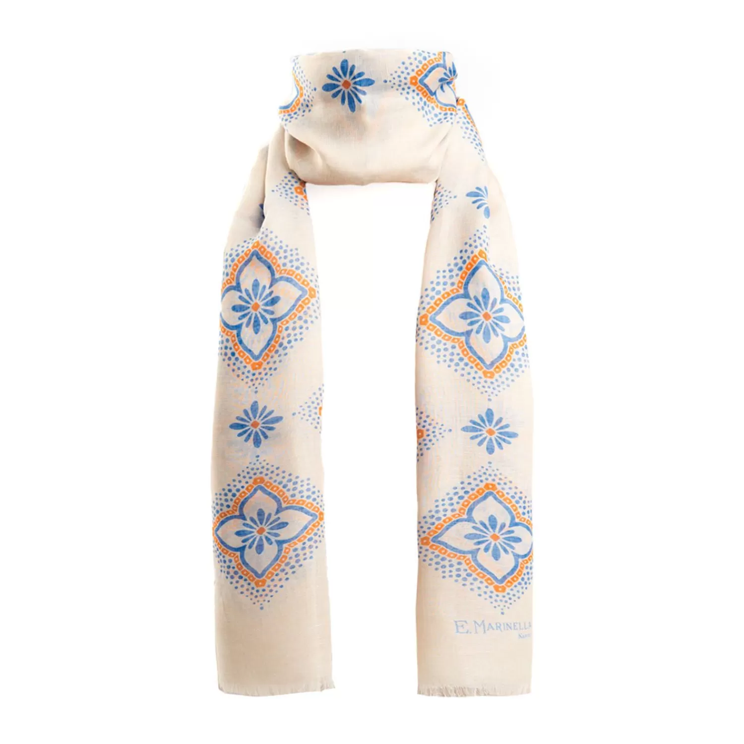 Beige Cotton And Linen Scarf - Light Blue Macro Flowers>E.Marinella Cheap