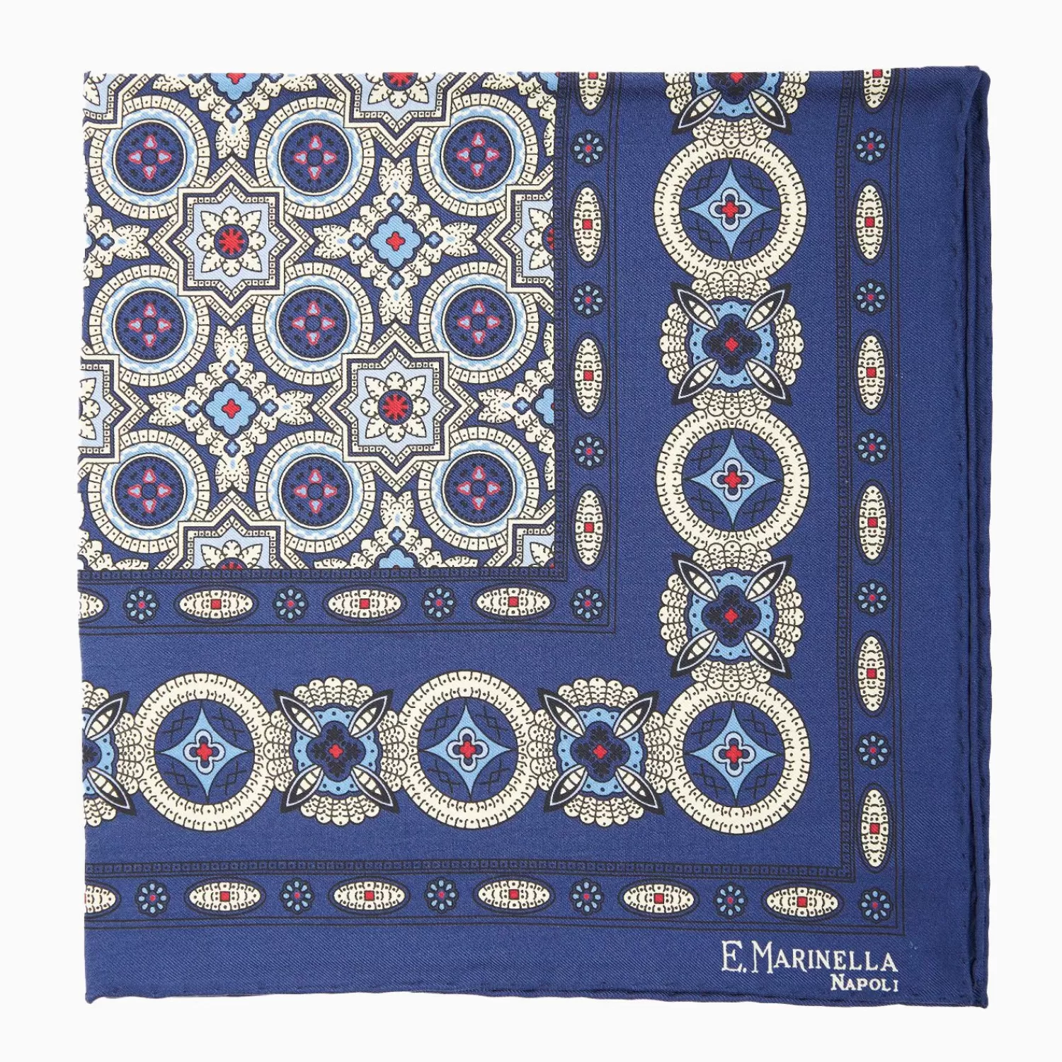 Blue Hand-Printed Silk Pocket Square - Large Flower Pattern>E.Marinella Outlet