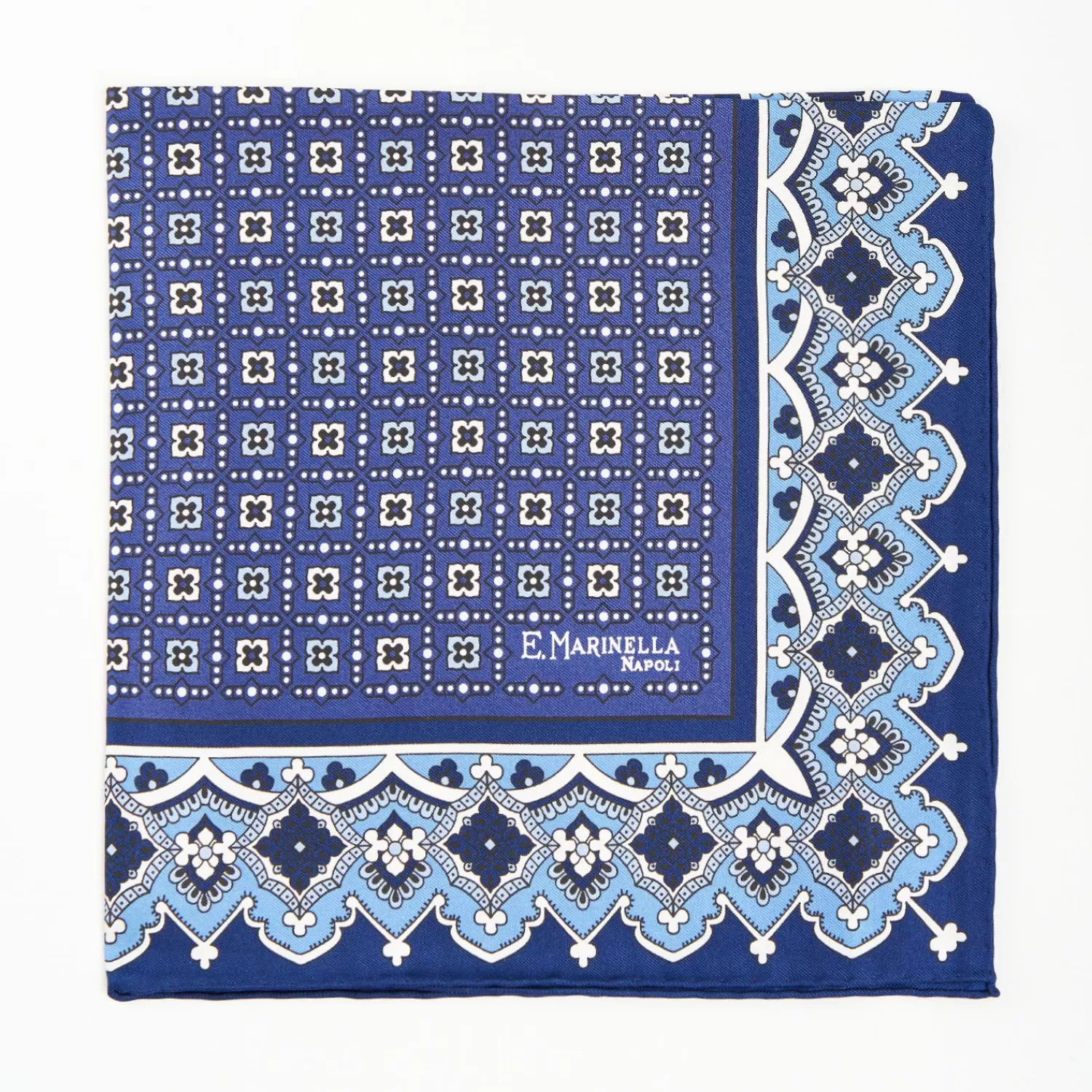 Blue Hand-Printed Silk Pocket Square Large Flower Pattern>E.Marinella Discount