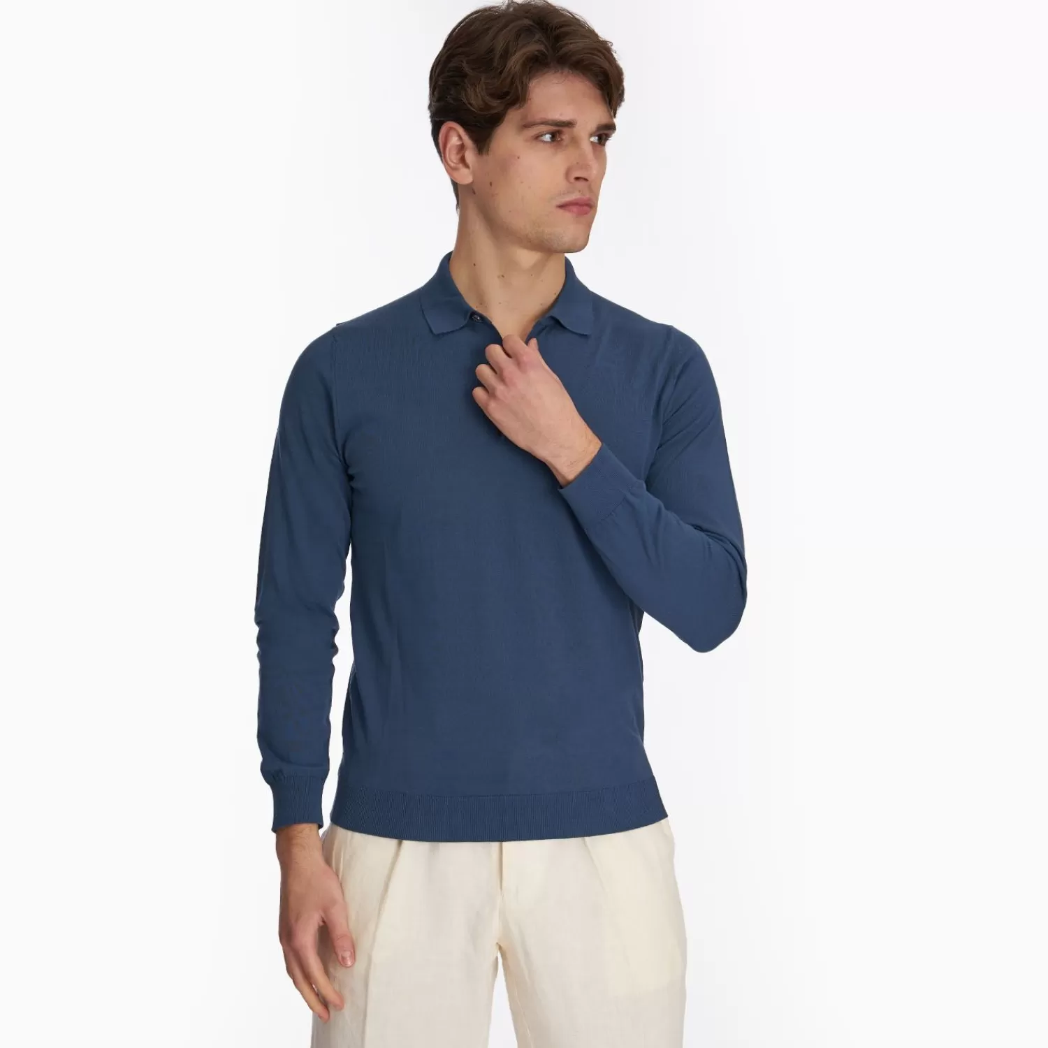 Bluette Jersey Long Sleeve Polo Shirt>E.Marinella Clearance