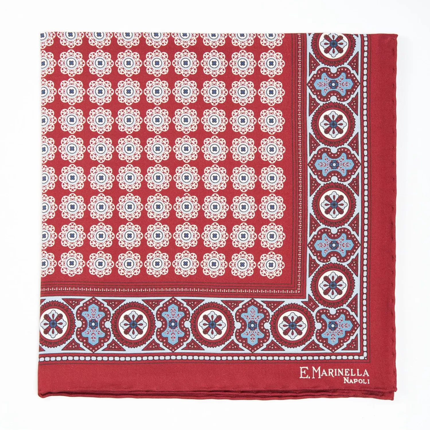 Burgundy Hand-Printed Silk Pocket Square Large Flower Pattern>E.Marinella Fashion