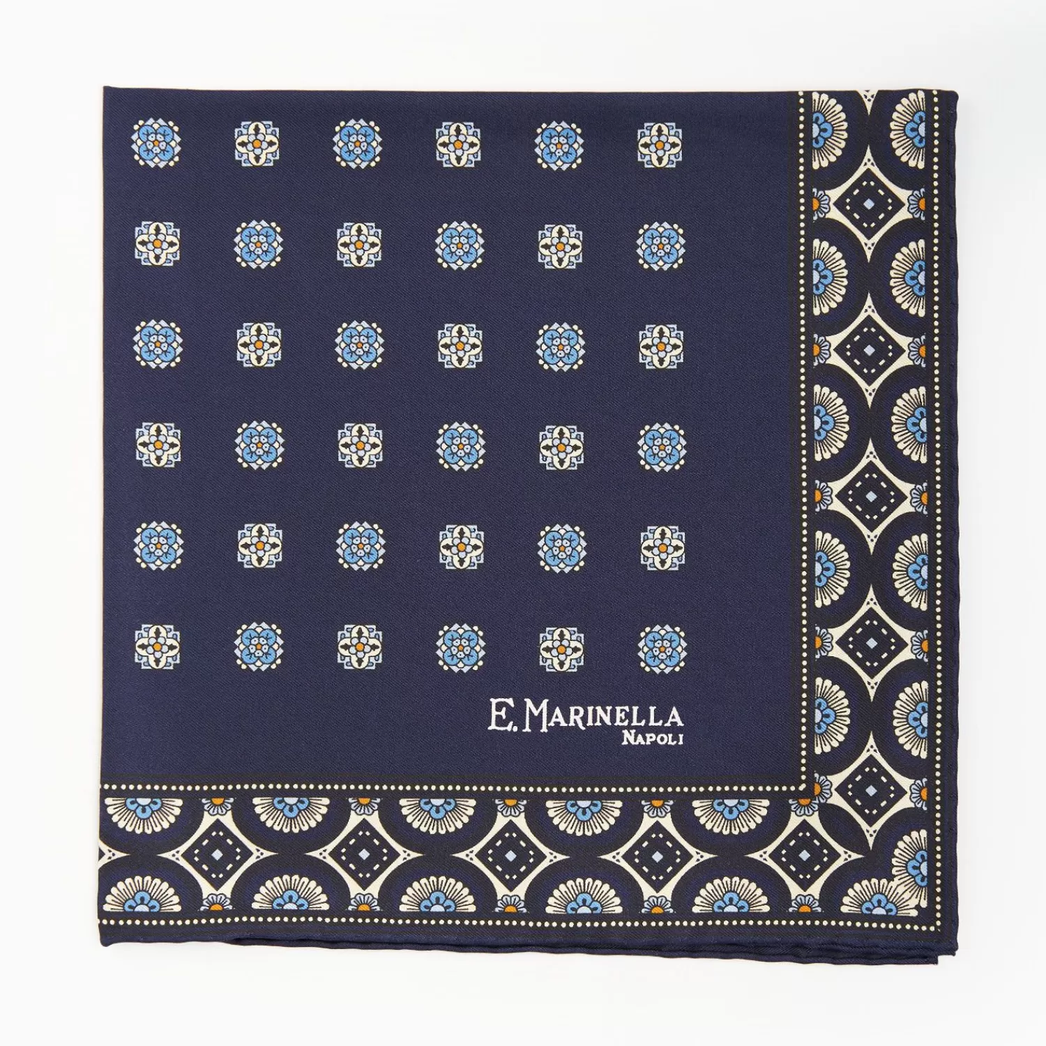 Dark Blue Hand-Printed Silk Pocket Square Large Flower Pattern>E.Marinella Flash Sale