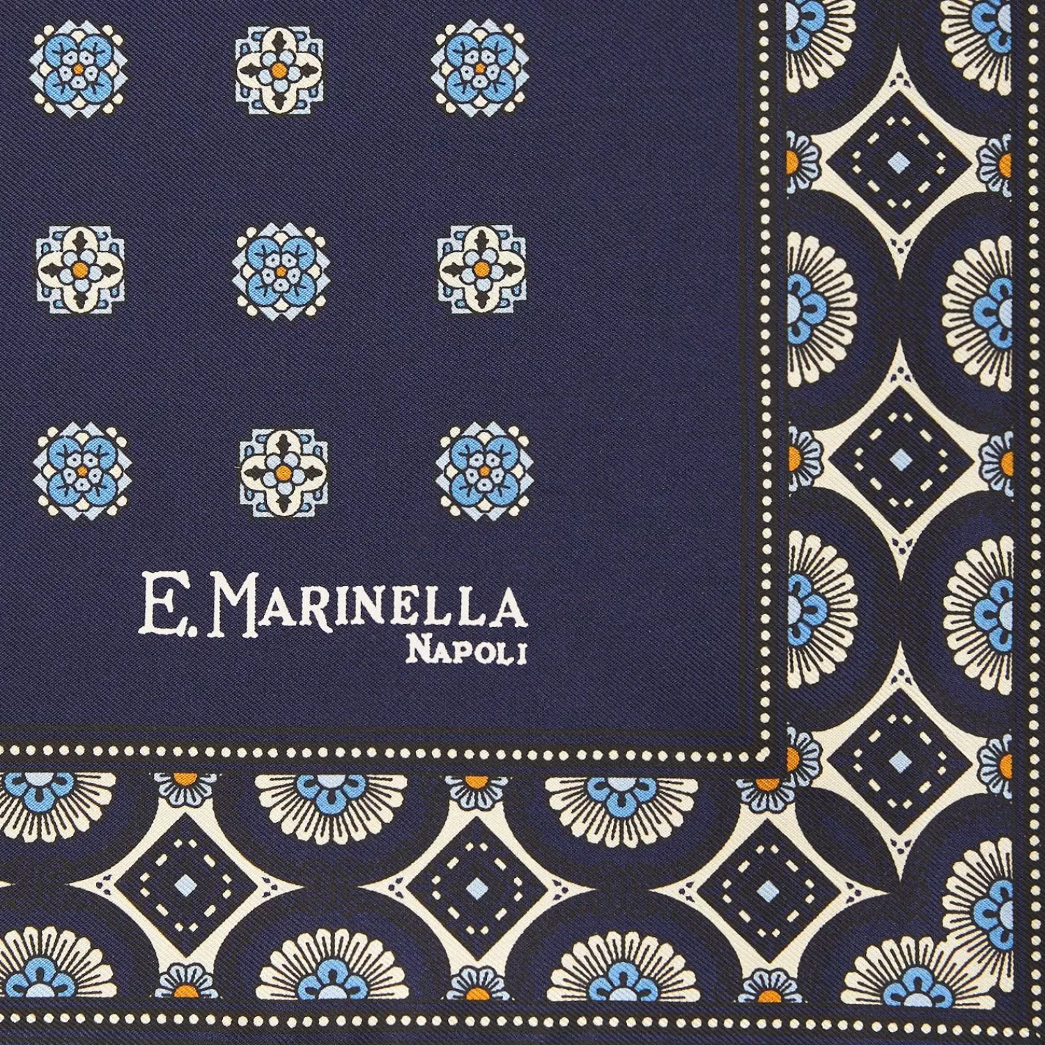 Dark Blue Hand-Printed Silk Pocket Square Large Flower Pattern>E.Marinella Flash Sale