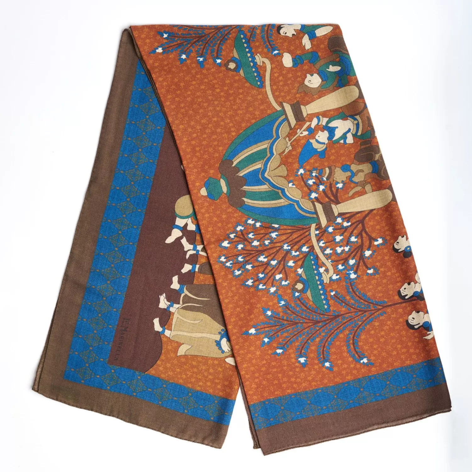 Dark Brown And Orange Wide Wool Scarf - Arabesque Pattern>E.Marinella Online