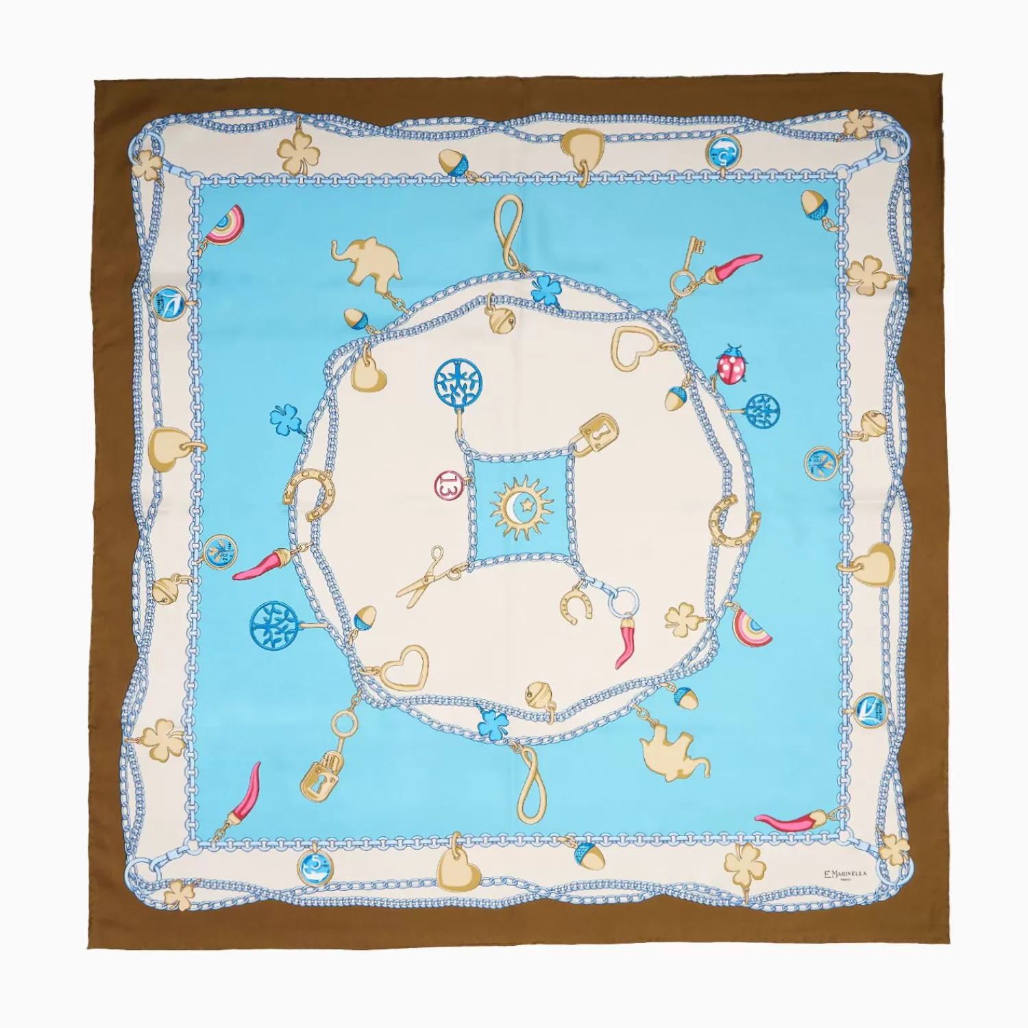 Light Blue And Dark Brown Silk Scarf 90 - Luchy Charms>E.Marinella Online