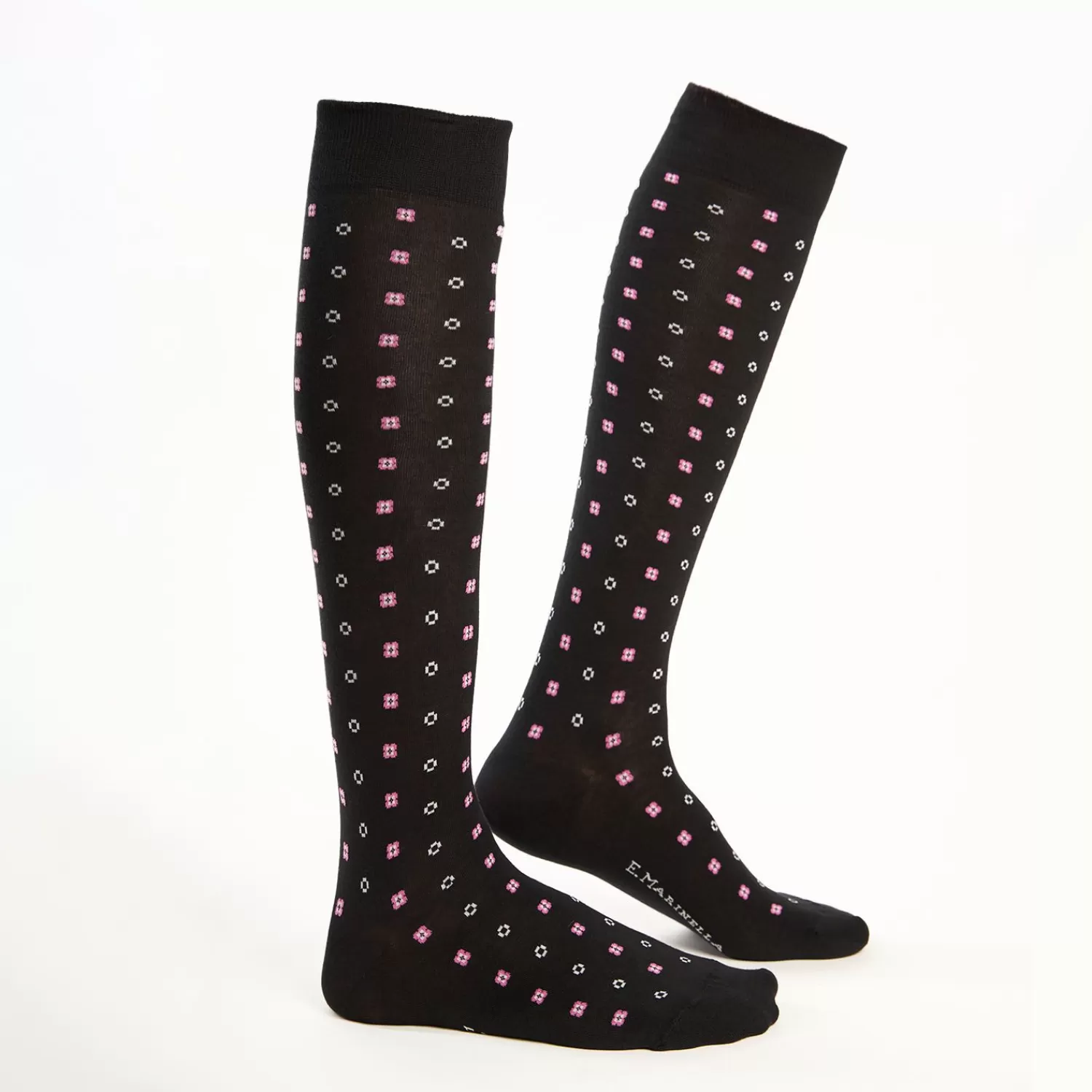 Long Black Cotton Socks - Small Flower Pattern>E.Marinella Store