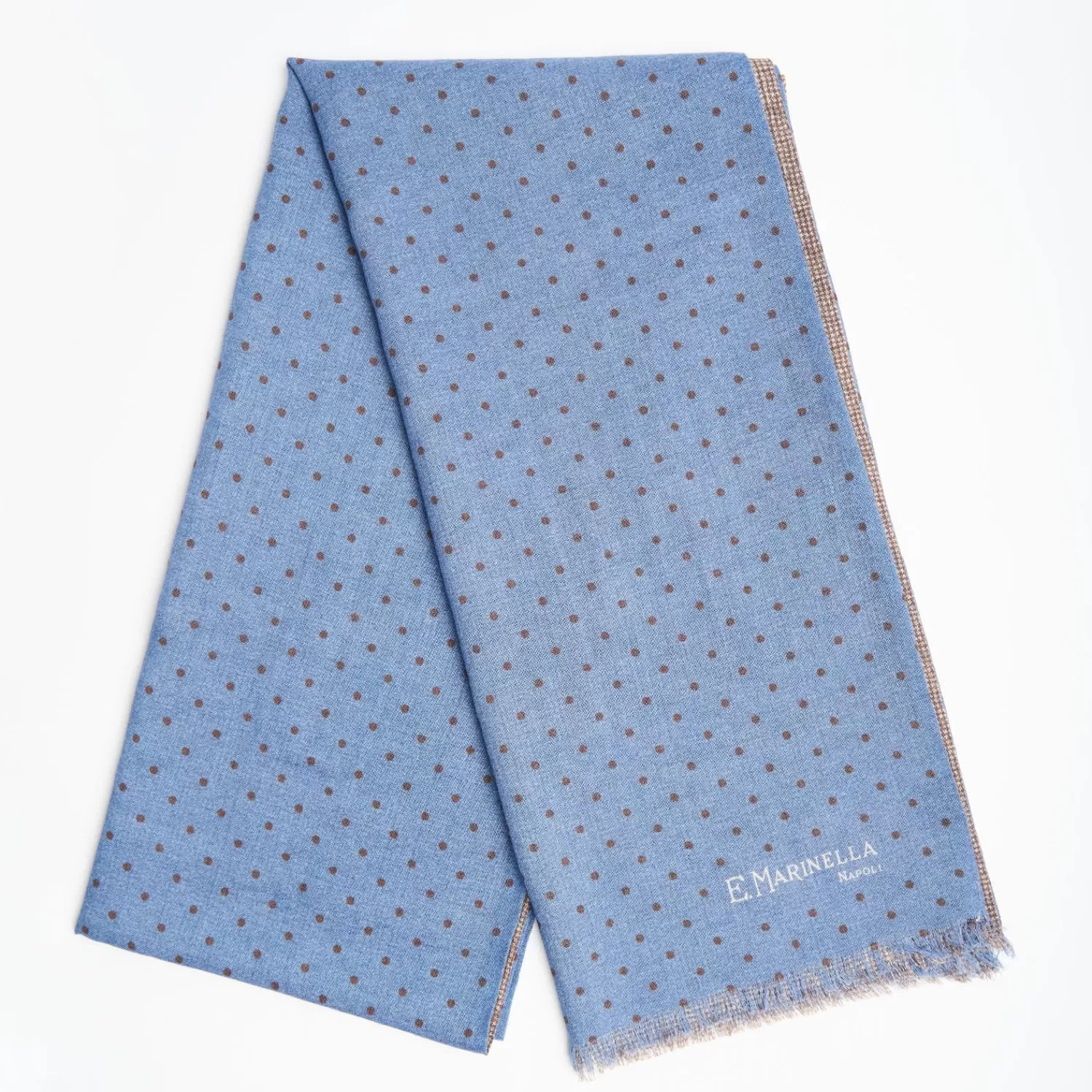 Powder Blue And Brown Double Patterned Wool And Silk Scarf>E.Marinella Shop