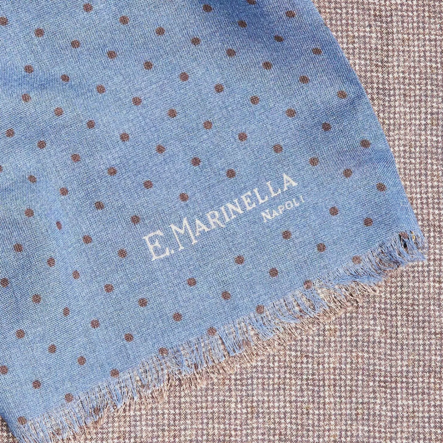 Powder Blue And Brown Double Patterned Wool And Silk Scarf>E.Marinella Shop