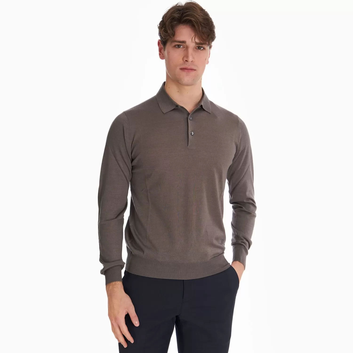 Taupe Cashmere And Silk Polo Shirt>E.Marinella Store